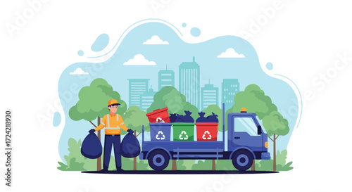 Flat style illustration of a sanitation worker carrying garbage bags beside a recycling truck in the city, symbolizing waste management, recycling, and urban environmental responsibility