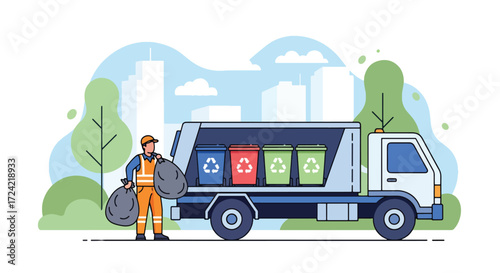 Flat style illustration of a sanitation worker carrying garbage bags beside a recycling truck in the city, symbolizing waste management, recycling, and urban environmental responsibility