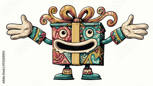 Colorful Cartoon Retro Gift Box Character Builder Illustration for Designs
