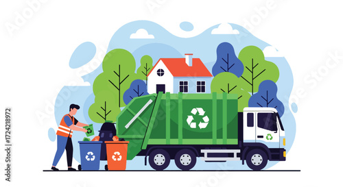 Flat style illustration of a sanitation worker with a recycling bin beside a green recycling truck in a suburban neighborhood, symbolizing waste management, sustainability, and environmental