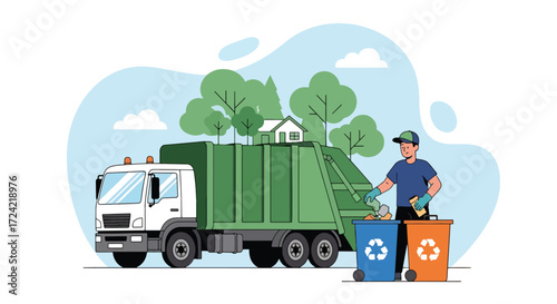 Flat style illustration of a sanitation worker with a recycling bin beside a green recycling truck in a suburban neighborhood, symbolizing waste management, sustainability, and environmental