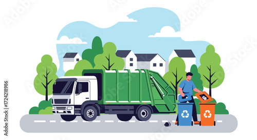 Flat style illustration of a sanitation worker with a recycling bin beside a green recycling truck in a suburban neighborhood, symbolizing waste management, sustainability, and environmental