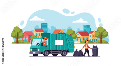 Flat style illustration of a sanitation worker carrying garbage bags beside a recycling truck in the city, symbolizing waste management, recycling, and urban environmental responsibility