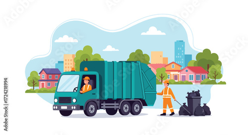 Flat style illustration of a sanitation worker carrying garbage bags beside a recycling truck in the city, symbolizing waste management, recycling, and urban environmental responsibility