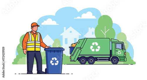 Flat style illustration of a sanitation worker with a recycling bin beside a green recycling truck in a suburban neighborhood, symbolizing waste management, sustainability, and environmental