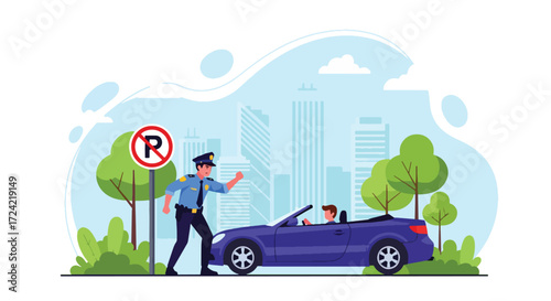 Flat style illustration of a police officer writing a ticket for illegal parking beside a no parking sign, highlighting law enforcement, traffic rules, and city safety regulations