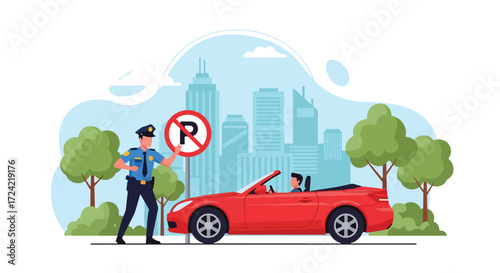 Flat style illustration of a police officer writing a ticket for illegal parking beside a no parking sign, highlighting law enforcement, traffic rules, and city safety regulations
