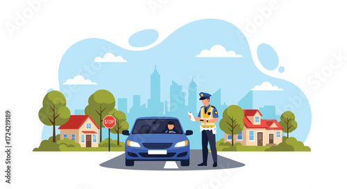 Flat style illustration of a police officer giving a driver a traffic ticket near a stop sign, symbolizing law enforcement, road safety, and responsible driving in the city