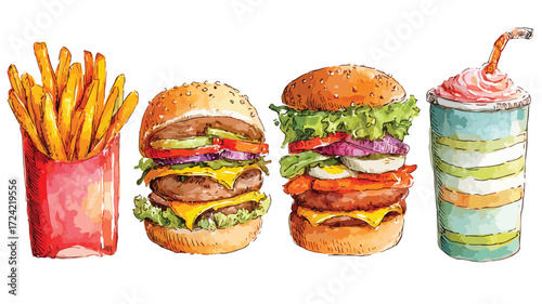 Vibrant Watercolor Fast Food Illustration for Creative Design Projects