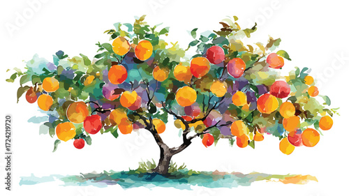 Vibrant Watercolor Fruit Tree Vector Art Print