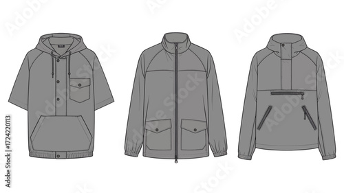 Collection of three distinct grey hooded jackets and windbreakers displayed as clean modern fashion design silhouettes on a white background