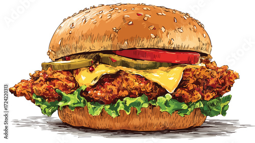 Delicious Spicy Fried Chicken Burger Vector Illustration