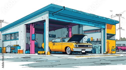 Professional Auto Repair and Car Service Garage Vector Illustration