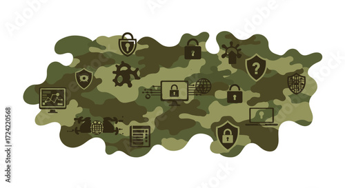 Military camouflage with cyber security icons on abstract background