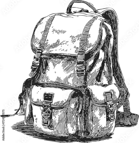 Backpack sketch hand drawn style with detailed straps and pockets — stock vector