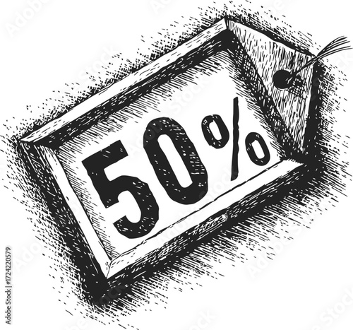 50 percent discount tag sketch, hand drawn style, bold percentage sign, textured lines — stock vector