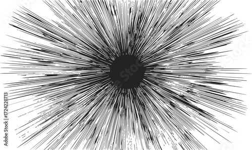 Black hole sketch hand drawn with radiating energy burst lines — stock vector