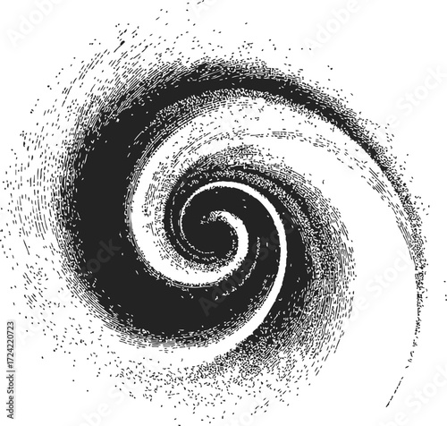 Black and white spiral sketch, hand drawn swirling abstract vortex with textured dots — stock vector