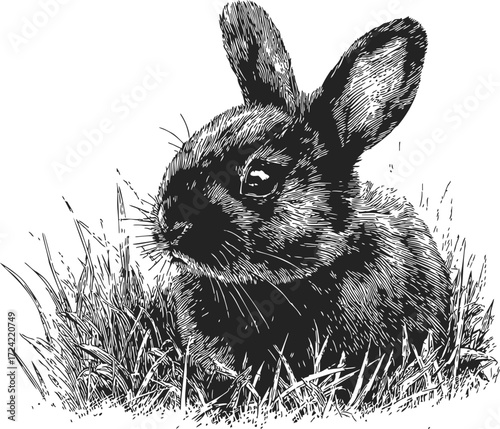Rabbit sketch hand drawn in grass detailed black and white illustration — stock vector