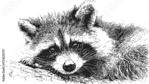 Raccoon sketch hand drawn lying on tree detailed fur monochrome illustration — stock vector