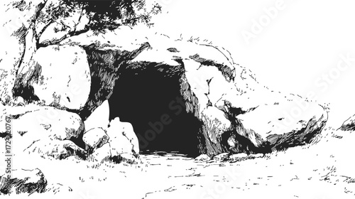 Cave entrance sketch, hand drawn rocky landscape with boulders and tree — stock vector