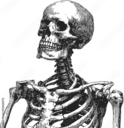 Human skeleton sketch, hand drawn vector, detailed upper body bones anatomy — stock vector