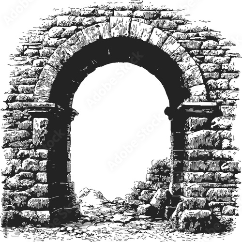 Stone archway sketch, hand drawn ancient masonry ruins with detailed texture — stock vector