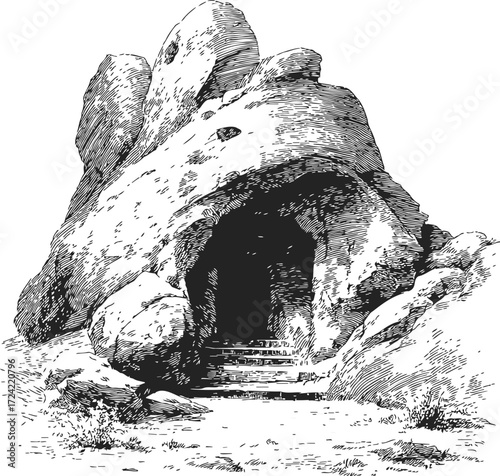 Cave entrance sketch, hand drawn rocky opening with stone steps — stock vector