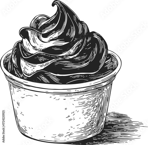 Soft serve ice cream sketch in paper cup, hand drawn dessert illustration — stock vector
