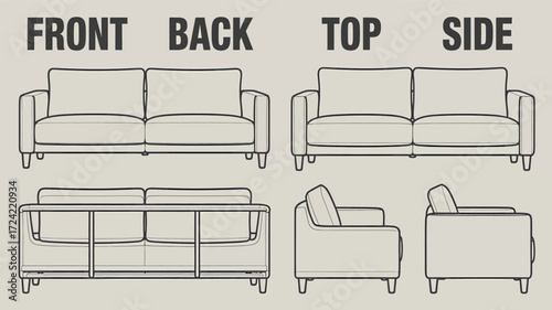 Architectural drawing of a modern two seater sofa shown from front back top and side views in a clean silhouette style