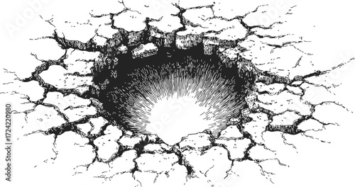 Cracked ground sketch, hand drawn dry earth fissure with central hole — stock vector
