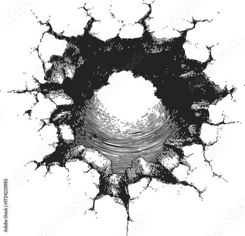 Hole in wall sketch, hand drawn cracked surface with shattered edges — stock vector