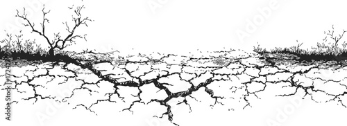 Cracked dry soil sketch, hand drawn drought landscape with barren ground and sparse grass — stock vector