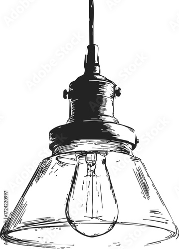 Vintage pendant lamp sketch, hand drawn industrial hanging light with glass shade — stock vector