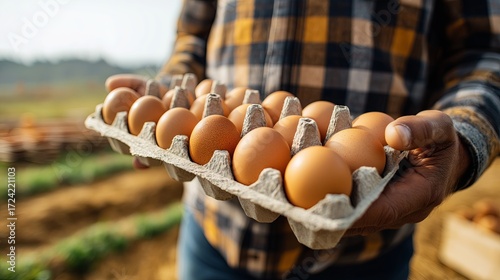 Carton of fresh brown eggs held by male farmer in plaid shirt, for farm-to-table promotions, organic egg branding, and sustainable agriculture blogs, outdoor natural light, wide copy space above