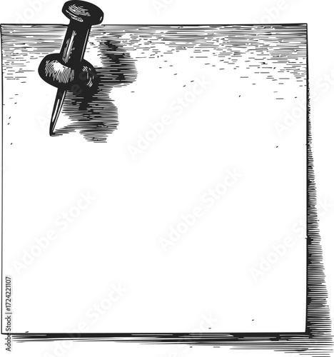 Push pin and blank note sketch, hand drawn paper with shadow — stock vector
