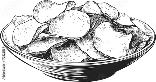 Potato chips sketch hand drawn in bowl, detailed crispy snack illustration — stock vector