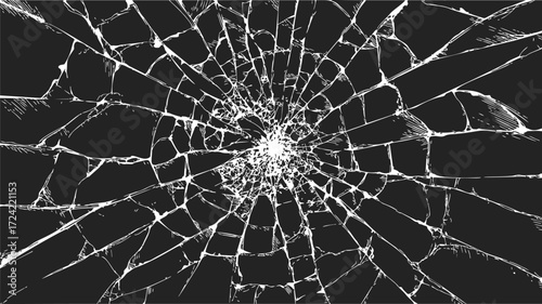 Broken glass hand drawn sketch, detailed shattered window radial cracks — stock vector