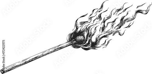 Burning matchstick sketch hand drawn with dynamic flame on white — stock vector