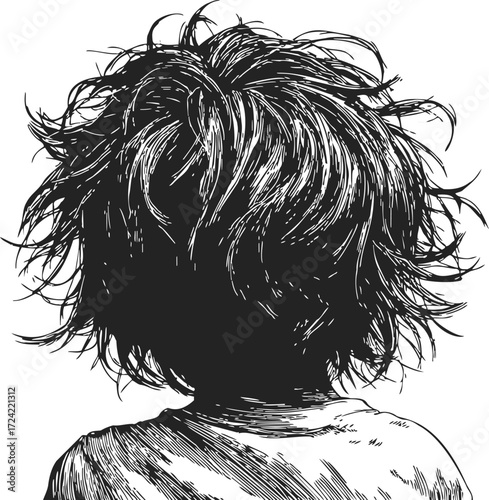 Child messy hair sketch hand drawn back view portrait — stock vector