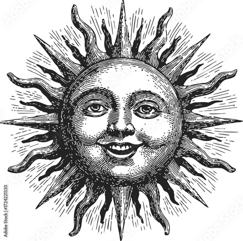 Sun face sketch, hand drawn vintage engraving style with smiling expression — stock vector