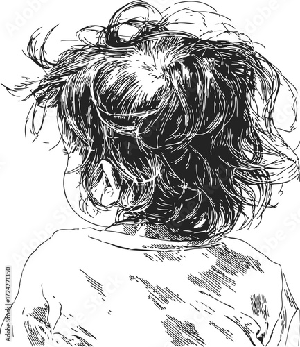 Child messy hair sketch hand drawn back view portrait — stock vector