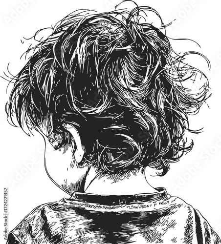 Child back view sketch, hand drawn messy hair detailed line art — stock vector