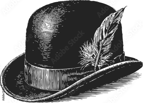 Bowler hat sketch hand drawn with feather and ribbon detail — stock vector