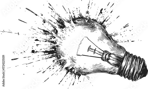 Light bulb sketch hand drawn exploding with ink splatter effect — stock vector