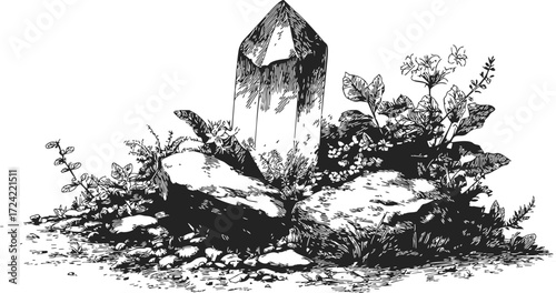 Crystal cluster sketch with wild plants and rocks in hand drawn style — stock vector