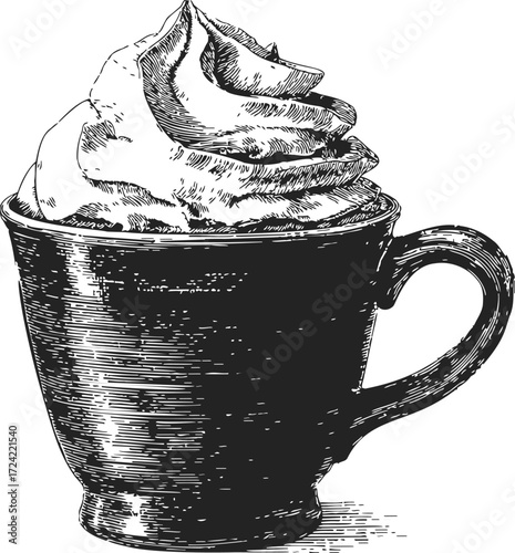 Coffee cup sketch with whipped cream topping, hand drawn style, detailed vintage illustration — stock vector