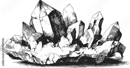 Crystal cluster sketch, hand drawn mineral formation with detailed facets — stock vector