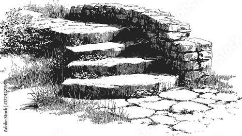 Stone steps sketch, hand drawn rustic garden stairs with grass and stone wall — stock vector