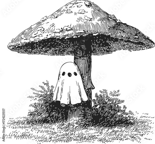 Mushroom sketch with small ghost figure under cap, hand drawn style — stock vector